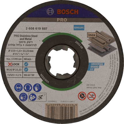 Disco de corte Bosch PRO X-Lock para acero inoxidable y metal.